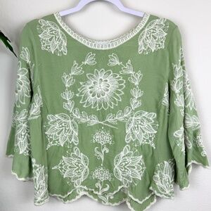 ANTHROPOLOGIE SOLITAIRE Sage Green Floral Embroidered Top / Size Large